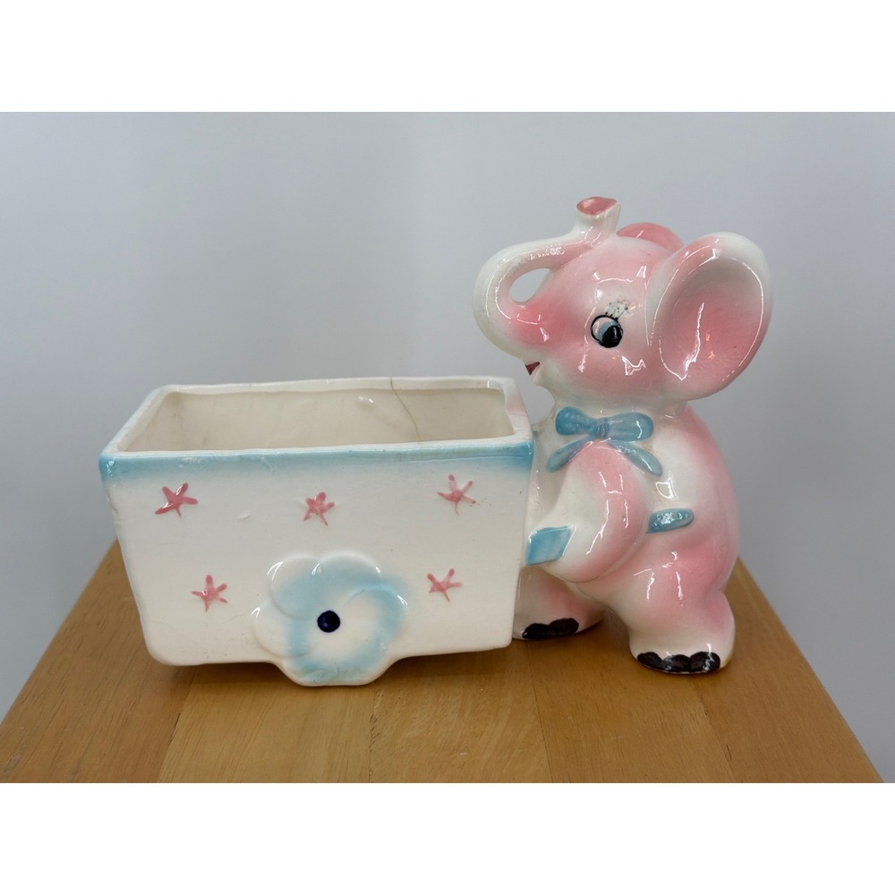 Vintage Pink Elephant Ceramic Planter Nursery Decor Mid Century Kitsch 7 Inch